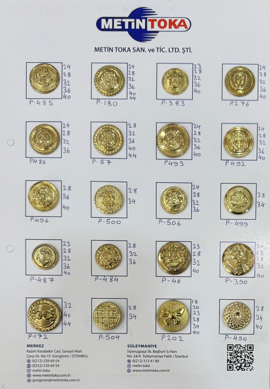 Cartes d’échantillons — boutons métallisés armoriés et décorés