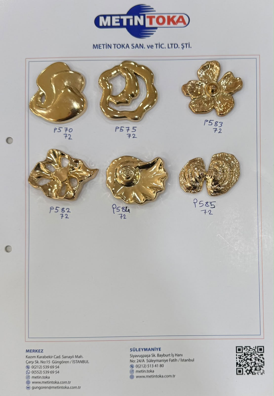 Cartes d’échantillons — boutons métallisés asymétriques 72L